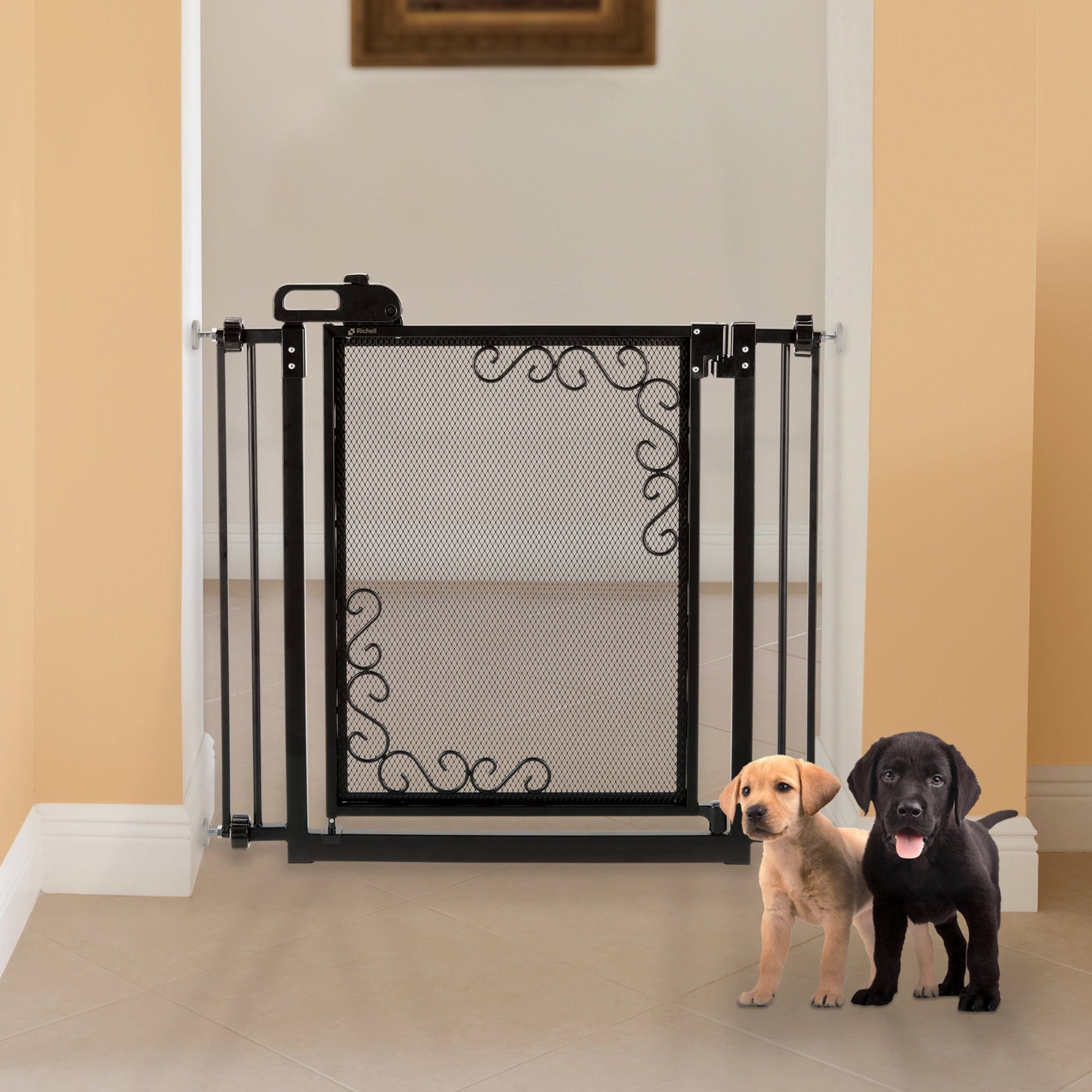 Richell One-Touch Metal Mesh Black Pet Gate, 36.5" L X 2.4" W X 32" H, Medium