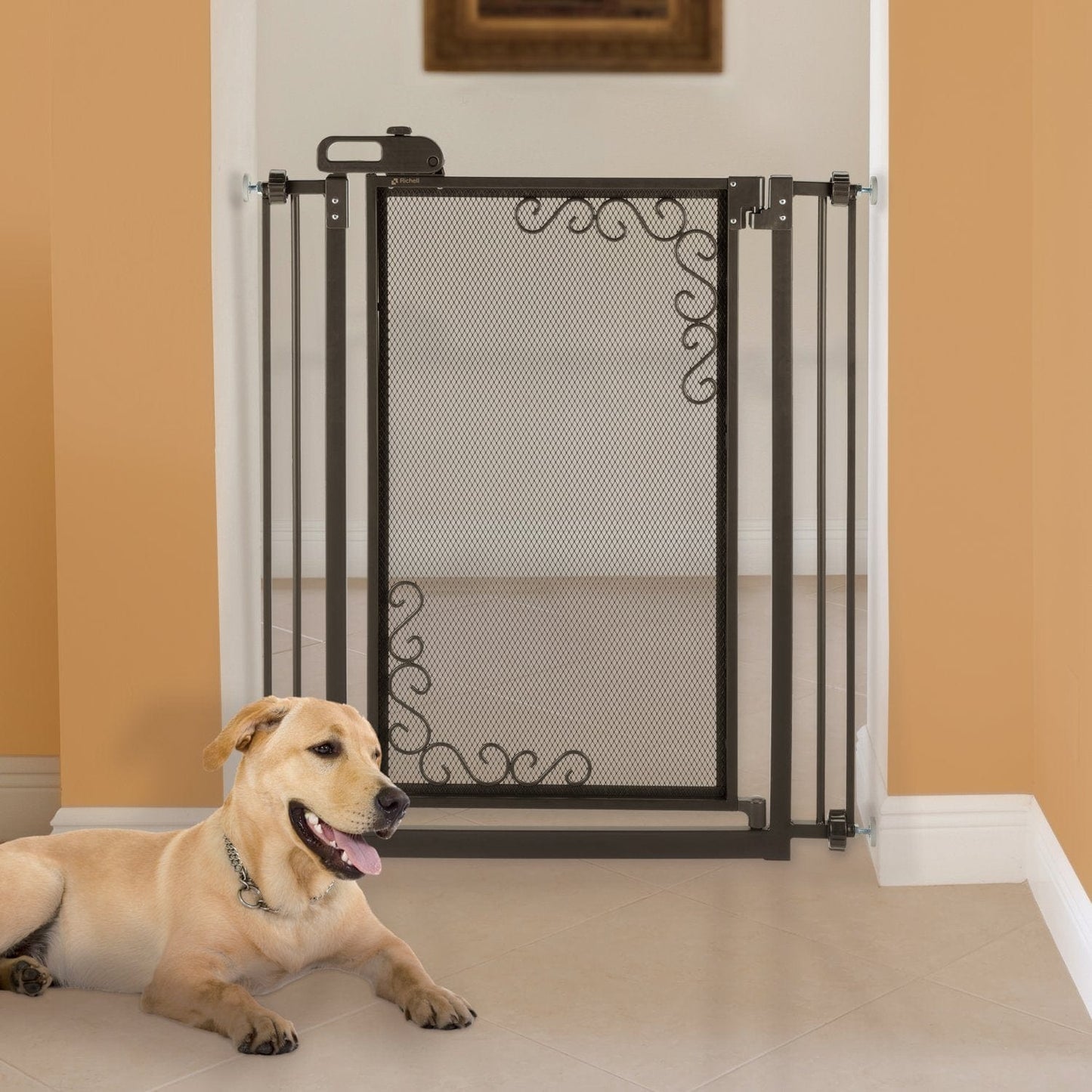 Richell Tall One-Touch Metal Mesh Black Pet Gate, 36.5" L X 2.4" W X 40" H, Medium